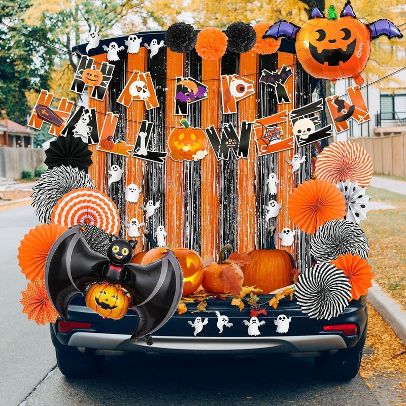 JUYRLE Halloween Trunk or Treat Car Kit - 42Pcs Car and Garage Door Decorations With Banner, Paper Fans, Foil Balloons, Tassel Kits - Image 5